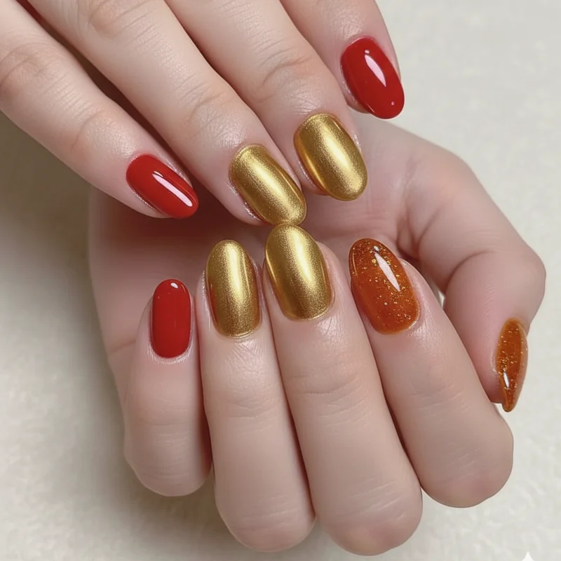 Fire sign nails comparison showing Aries scarlet red Leo gold glamour and Sagittarius warm amber zodiac nail designs