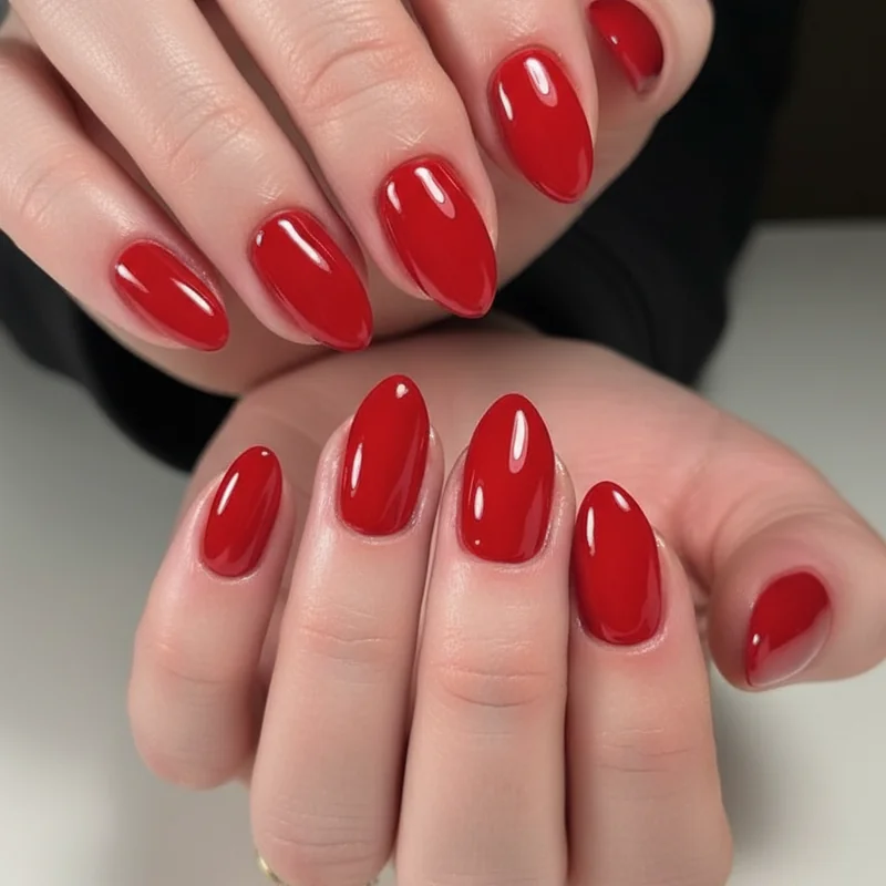 Bold Aries nail design in scarlet red gel on almond shape with high-gloss finish showing Mars planet fire sign energy
