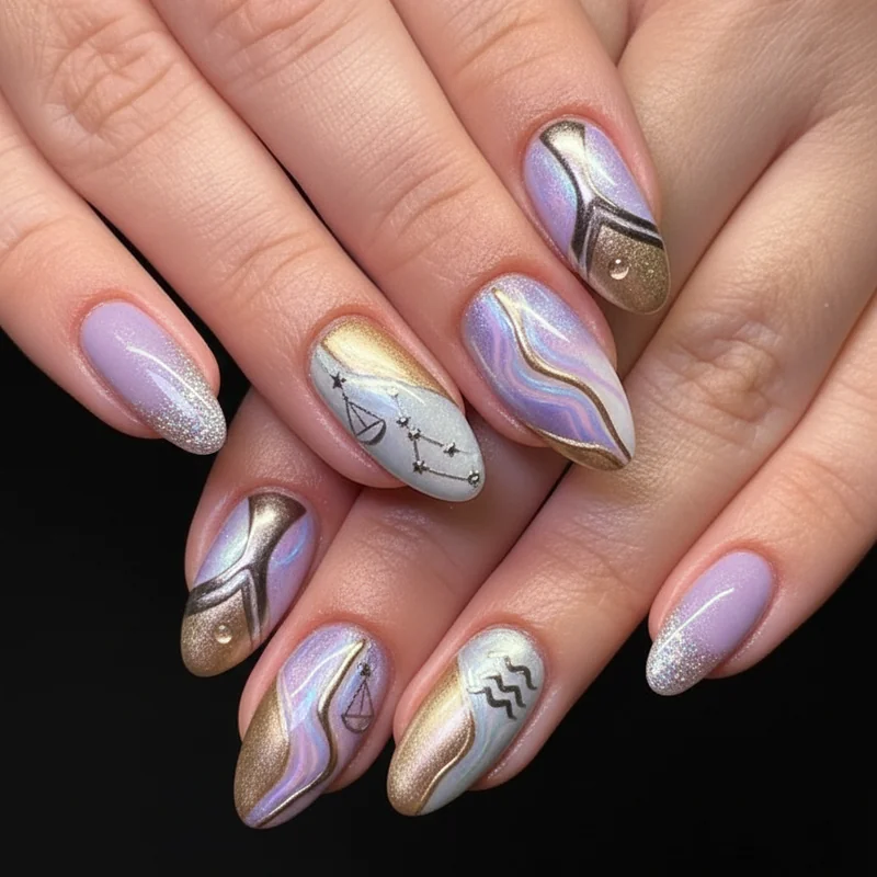 Air sign nail ideas for Gemini Libra and Aquarius featuring eclectic lavender powder blue metallic silver and dual-tone astrology nail designs