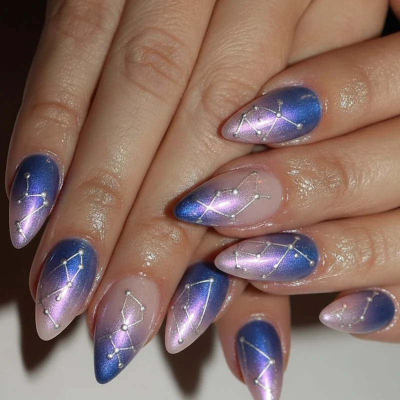 Astrology nails that are not too literal showing subtle constellation dots aura finish and cosmic nail art ideas for everyday wearable astrology manicure