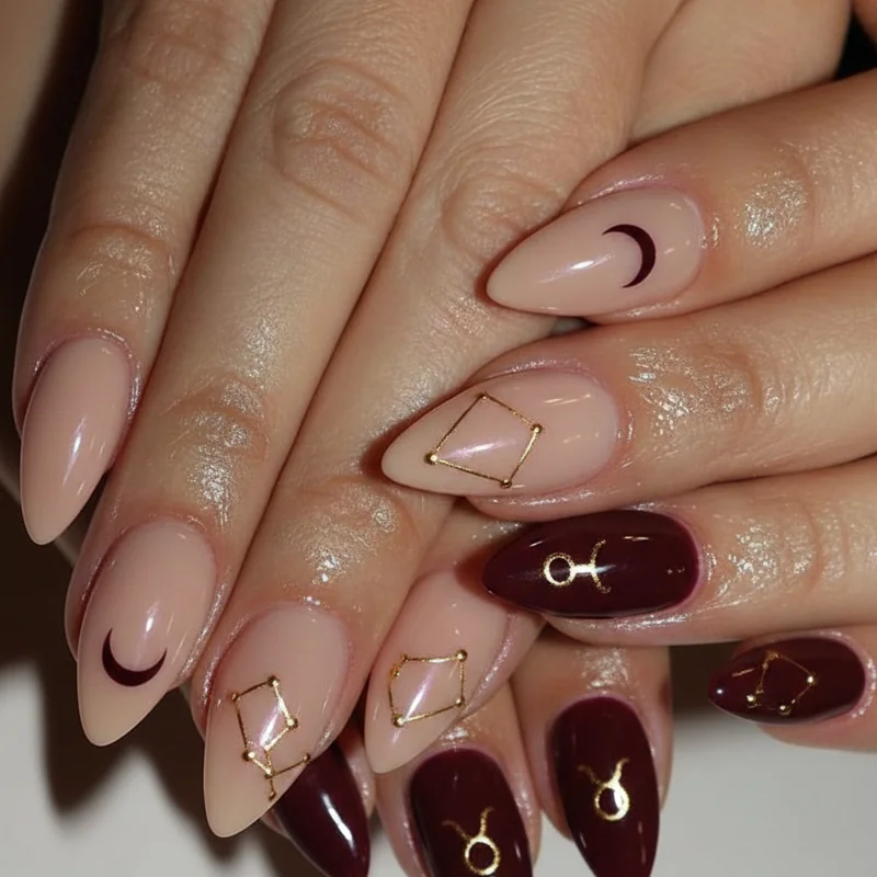 Earth sign nail ideas for Taurus Virgo and Capricorn showing quiet luxury palette with nude tones burgundy cream and minimalist astrology nails