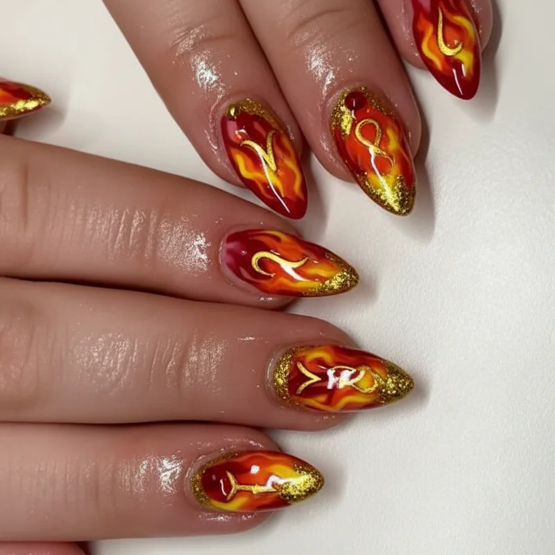 Fire sign nail ideas for Aries Leo and Sagittarius showing bold red chrome gold foil and warm high contrast astrology manicure palettes