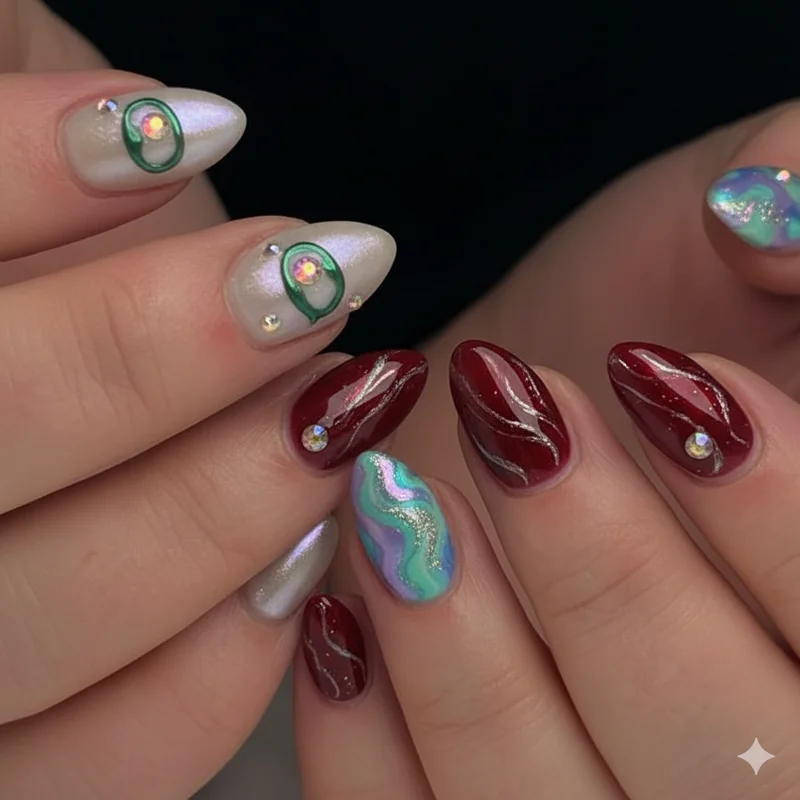 Water sign nail ideas for Cancer Scorpio and Pisces featuring iridescent pearl milky white oxblood deep plum and dreamy mermaid astrology nails