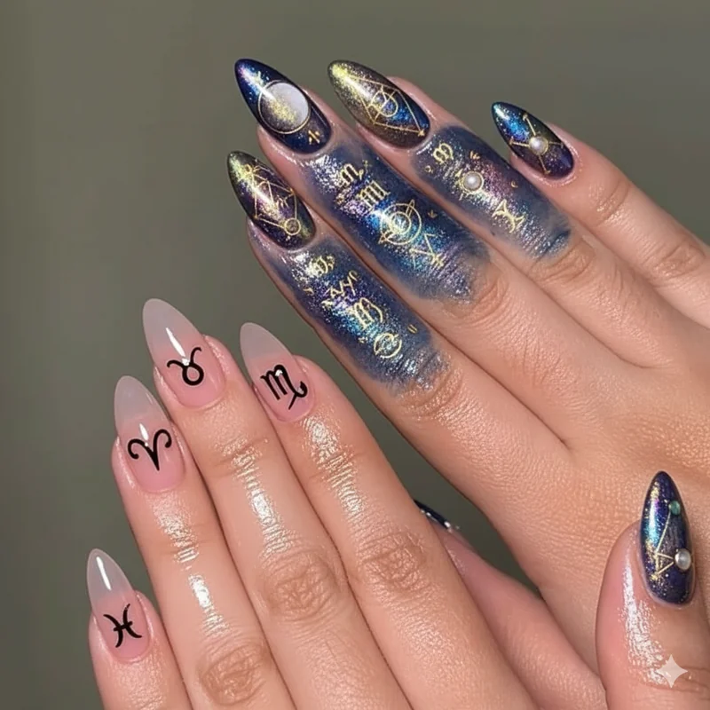 Zodiac nails versus astrology nails comparison showing sun sign colour list against personalised birth chart nail aesthetic options