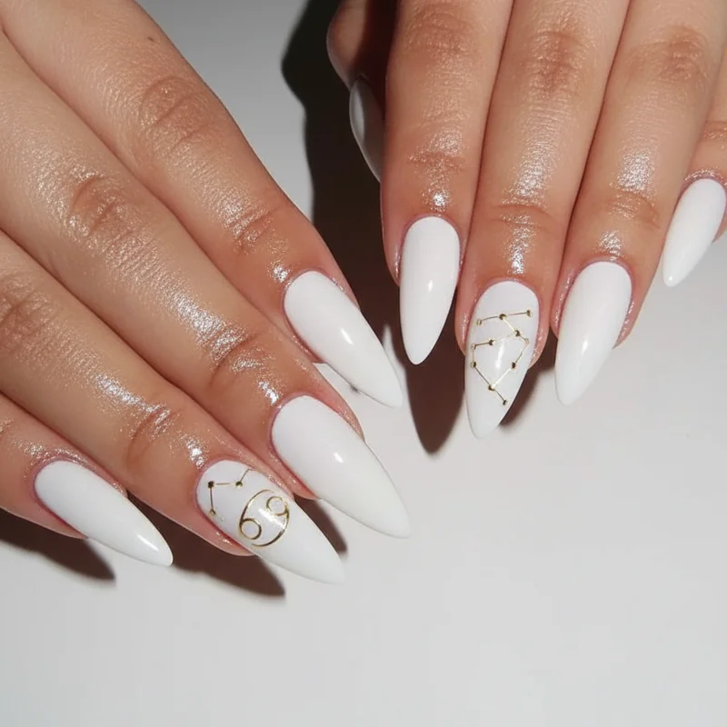 Cancer crab symbol accent nail in fine gold line art and zodiac constellation design on pearl base for subtle water sign nail art