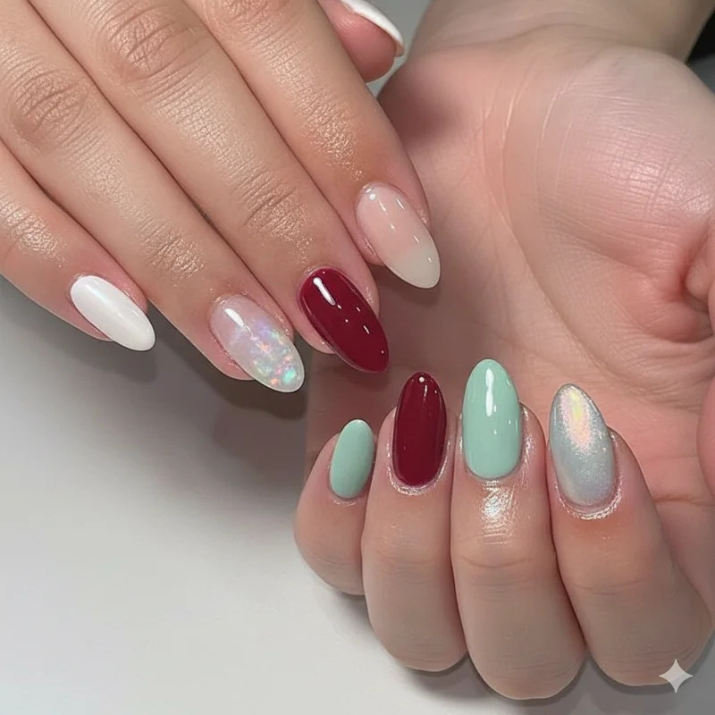 Cancer nail colour palette swatches showing pearl white moonstone silver seafoam teal ruby red and iridescent finishes for water sign manicure