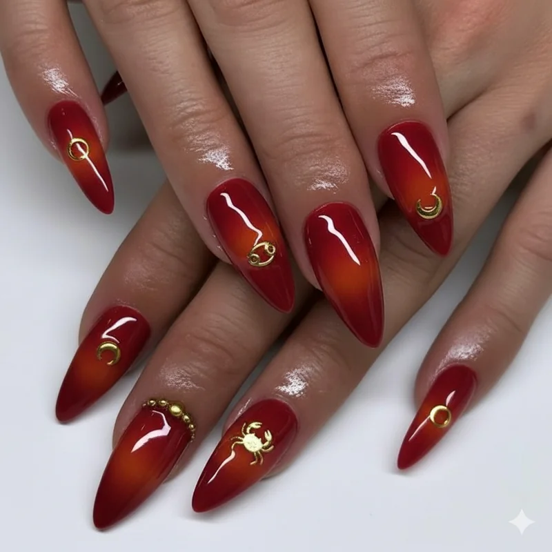 July cancer birthday nails featuring ruby red gel polish and carnelian warm ombre for bold summer water sign Cancer zodiac manicure