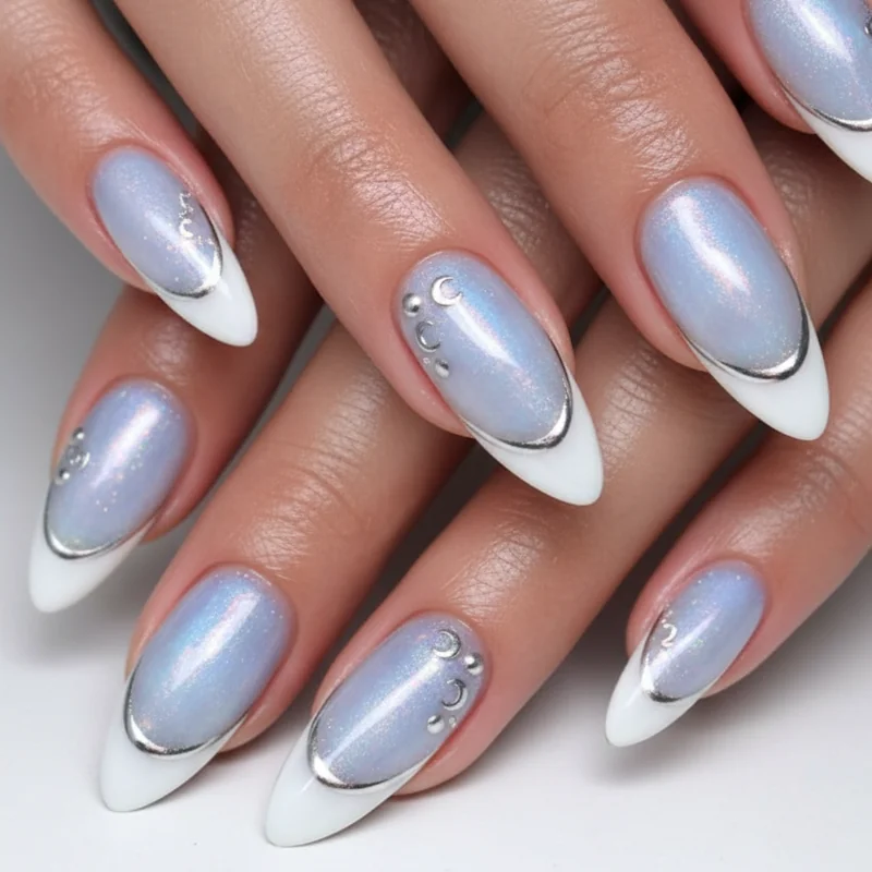 June cancer birthday nails featuring moonstone blue silver chrome accent and pearl french tip on short almond nails for water sign manicure