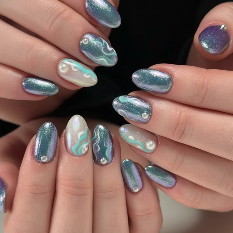 Mermaid ocean cancer nails showing seafoam swirl oyster shell layering and iridescent duo chrome finish for water sign zodiac manicure