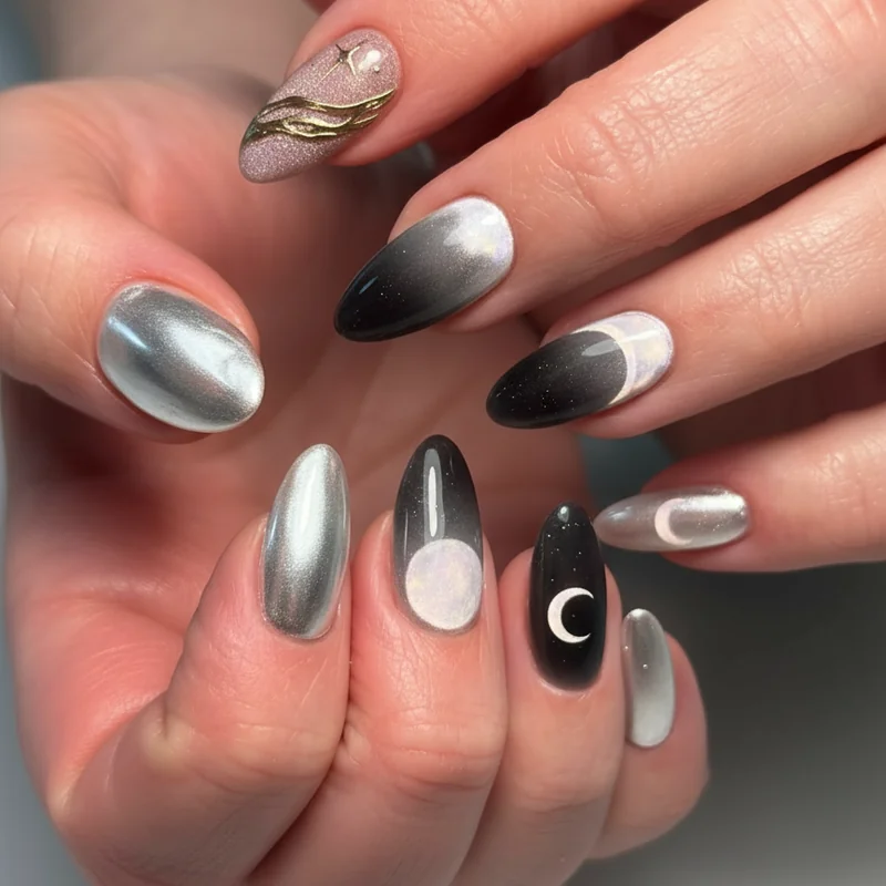 Moon phase nail designs showing full moon chrome accent waning gibbous gradient and lunar glow iridescence for cancer zodiac nail art