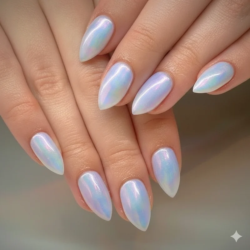 Moonstone iridescent cancer nail design showing pearl chrome finish that shifts from silver to blue in different lighting conditions for water sign