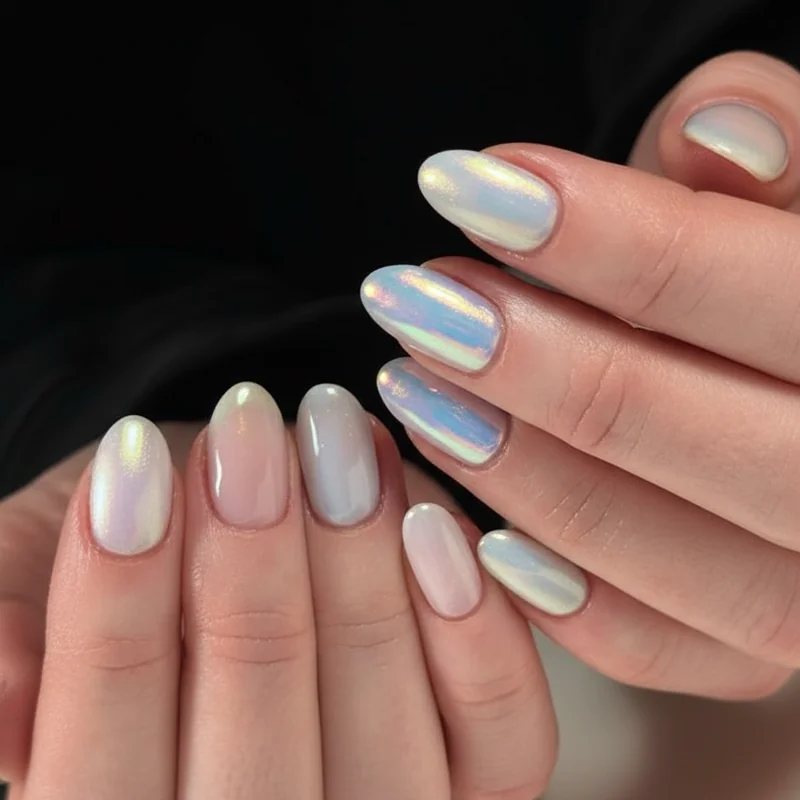 Pearl gel glazed donut and soap nail finish comparison for cancer nails showing three iridescent techniques on milky base polish
