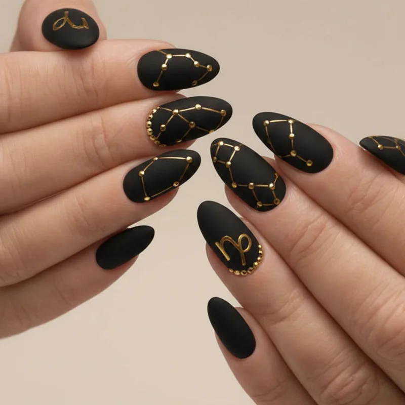 Bold Capricorn constellation nail art on matte black base with gold micro studs tracing zodiac star pattern and Capricorn glyph accent nail