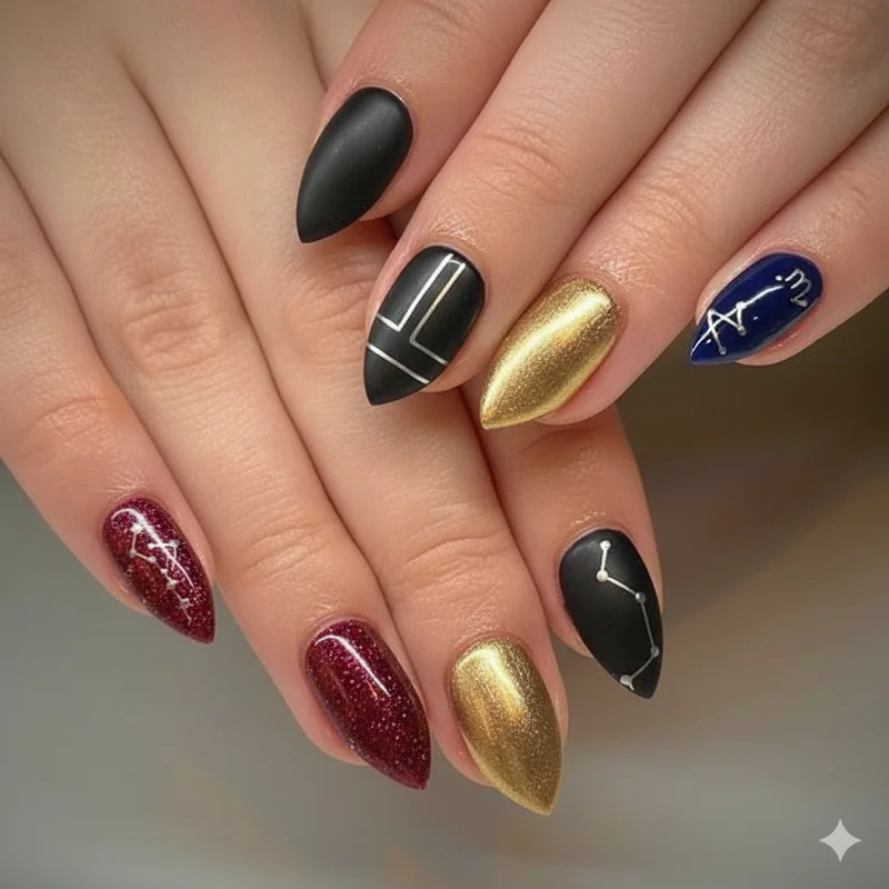 Capricorn birthday nails showing December garnet black and gold set next to January deep navy espresso sophisticated manicure comparison