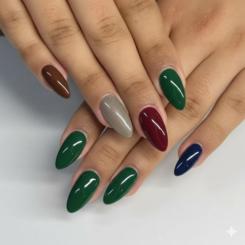 Capricorn colour palette nail swatches showing espresso greige garnet deep forest green and navy blue polish shades on skin close-up
