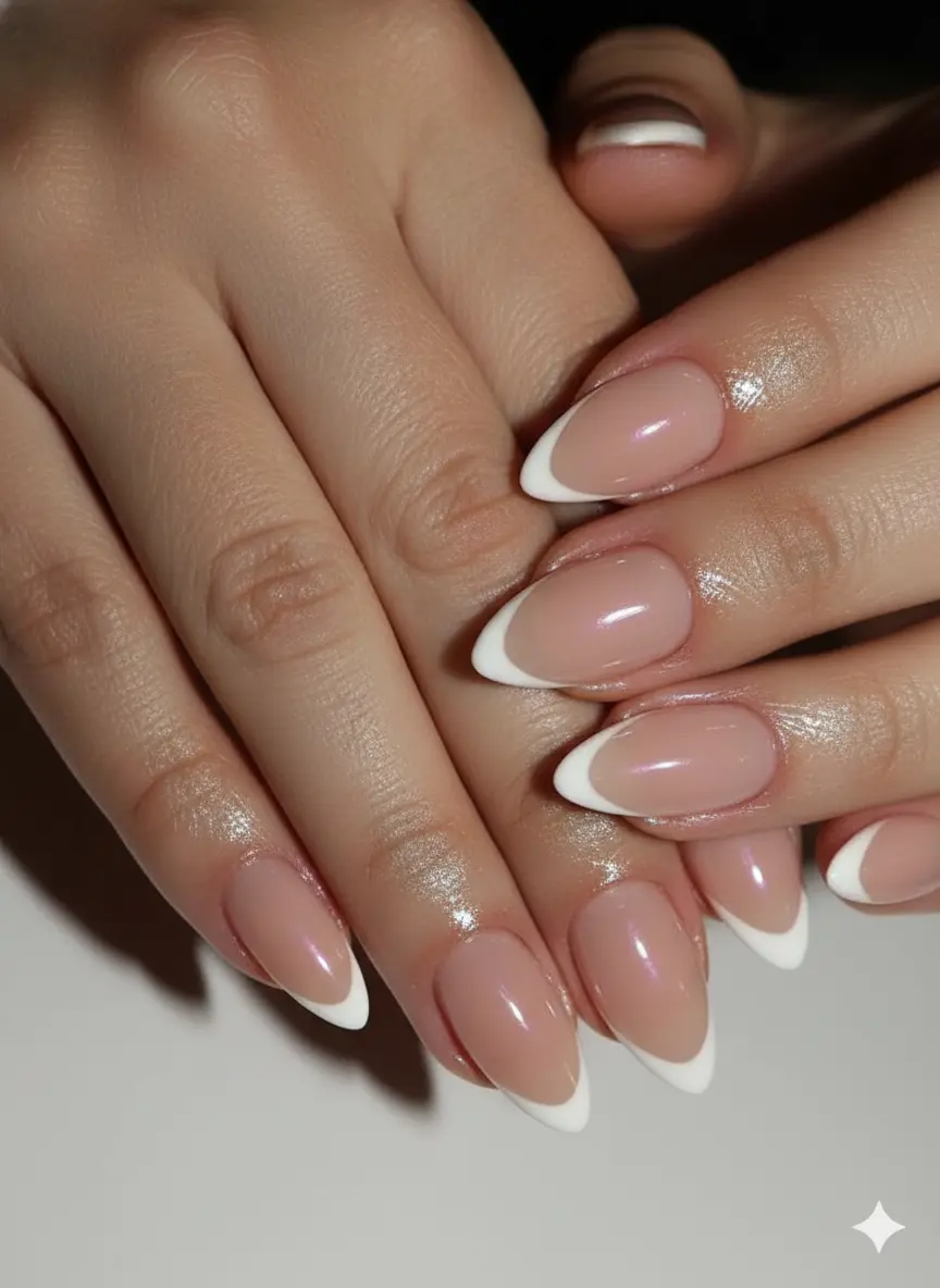 Minimalist Capricorn micro French tip on squoval shape with BIAB overlay and glass nail topcoat showing precise one millimetre white arc