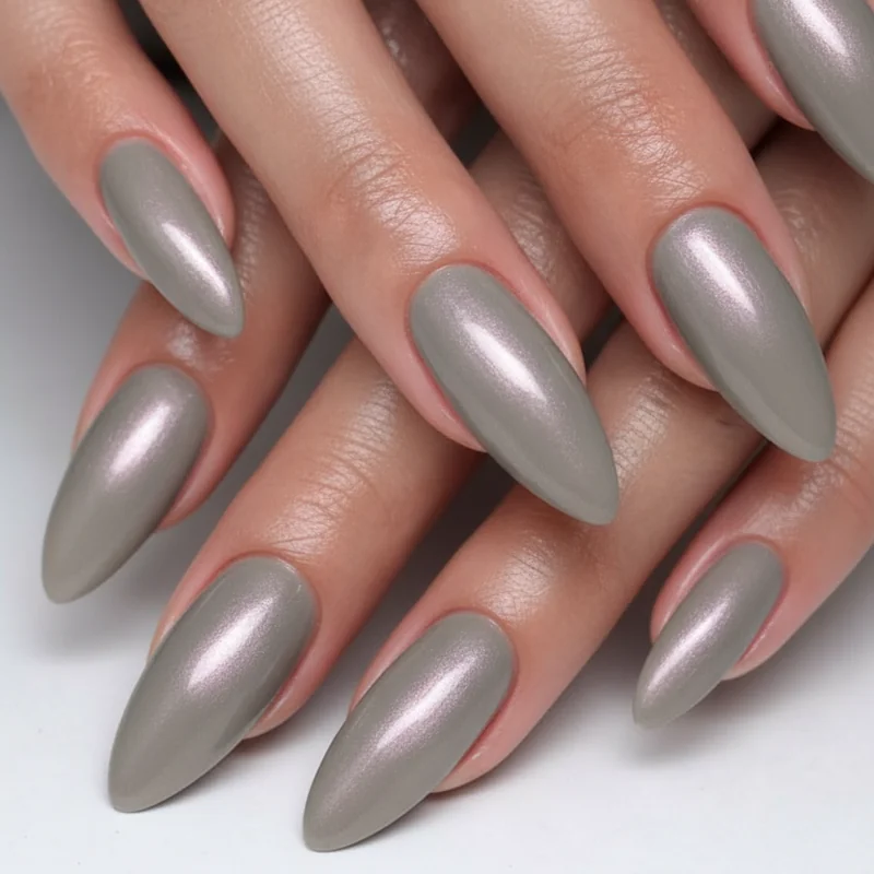 Old money quiet luxury Capricorn nails with chrome glaze over greige base and velvet powder topcoat showing suede-like sophisticated finish