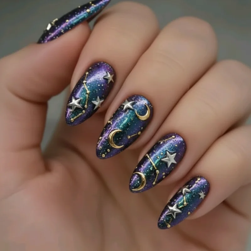 Celestial nail colour palette swatches ranging from midnight navy and deep indigo to soft pearl lavender and warm gold stardust finishes