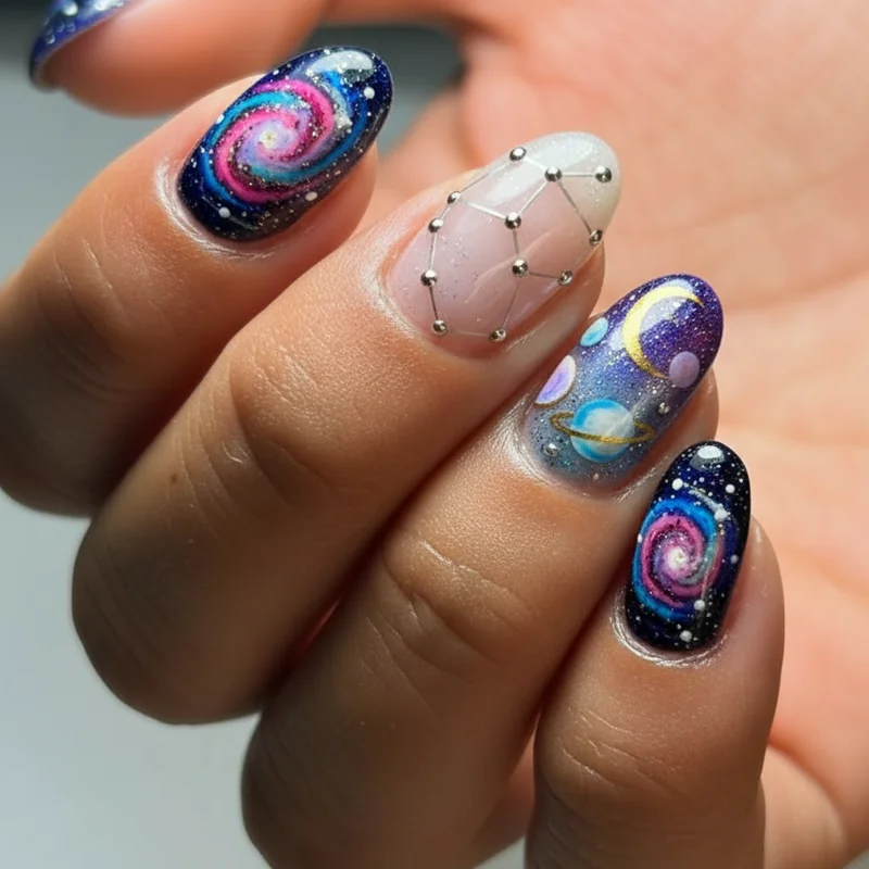 Extra Celestial 2026 trend nail art featuring shifting duochrome chrome powder with 3D star charms and holographic space age finish