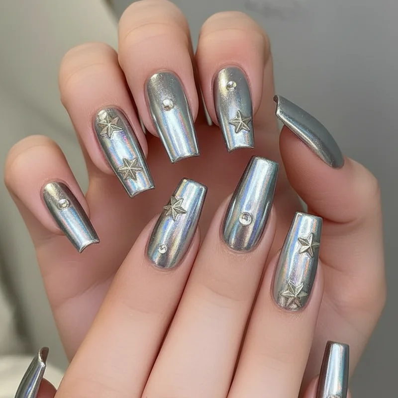 Extra Celestial maximalist nail set with shifting duochrome chrome powder 3D star planet charms and holographic topcoat space age manicure