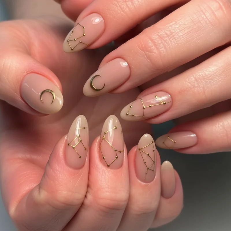 Minimalist celestial nails featuring single crescent moon accent nail and fine constellation linework on soft nude base negative space design