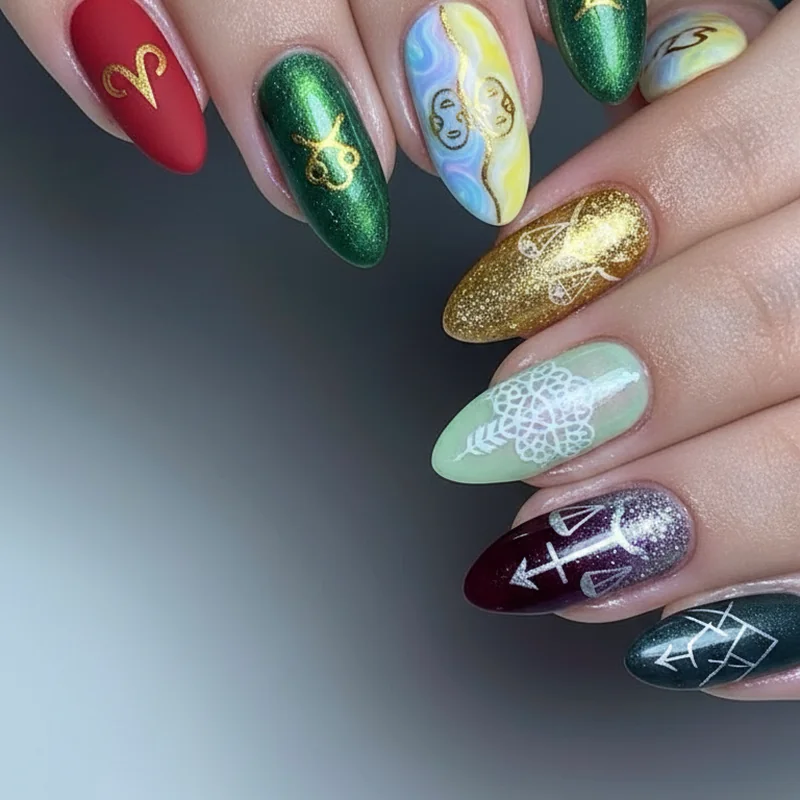 Zodiac sign celestial nail style guide showing all twelve signs paired with their matching cosmic nail aesthetic from minimalist to maximalist