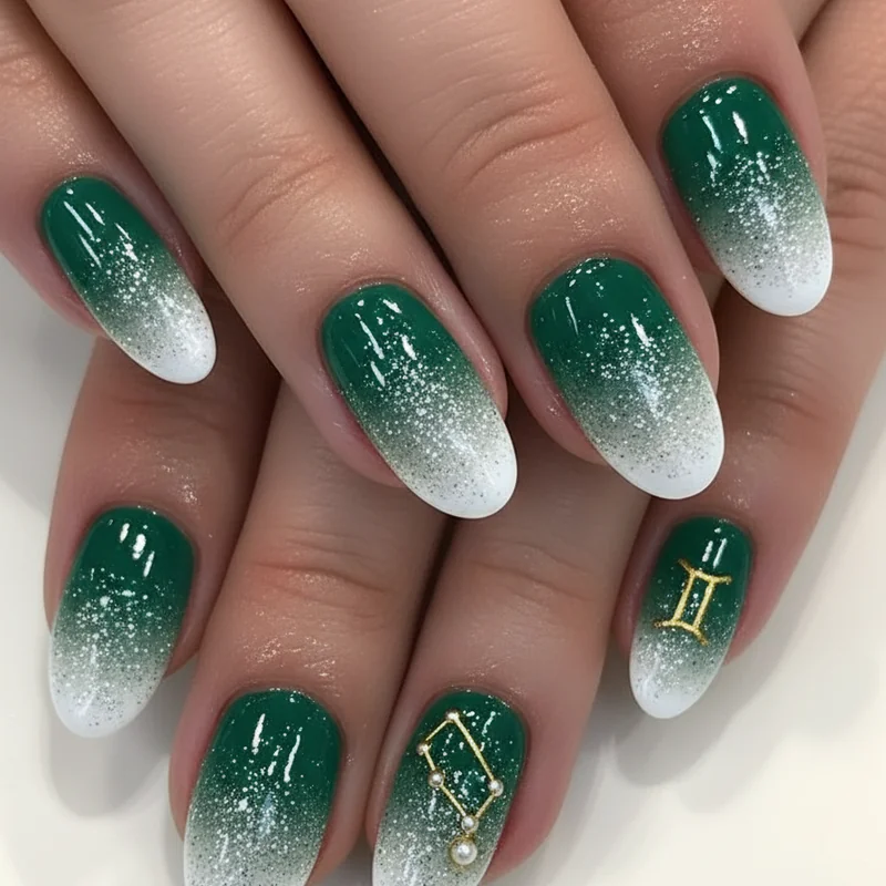 Gemini birthday nails showing emerald green with gold II symbol and pearl white jelly finish with constellation accent nail for May and June celebrations