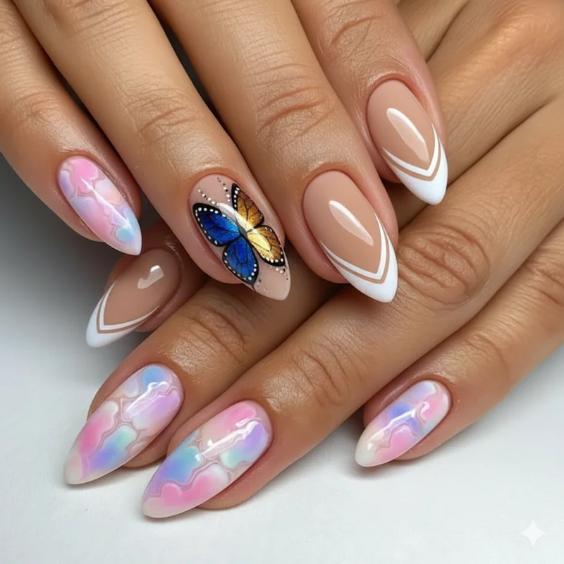 Gemini butterfly nail art showing split wing dual colour design in yellow and blue beside blooming gel two colour alternative technique on medium nails