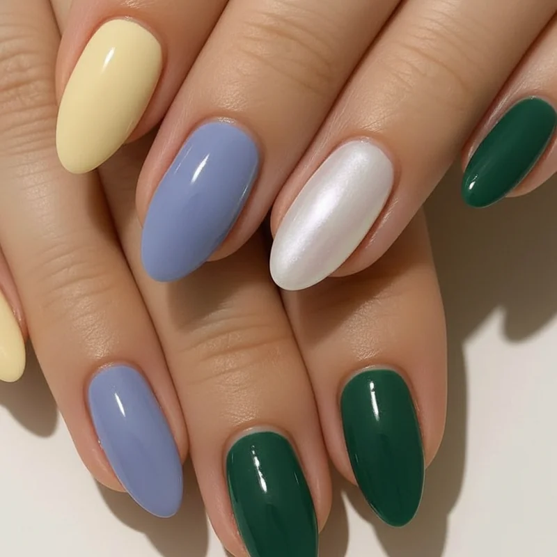 Gemini nail colour palette swatches showing butter yellow periwinkle pearl white and emerald green on five separate nail tips side by side