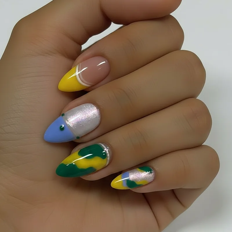 Gemini nail colours across skin tones showing butter yellow periwinkle pearl and emerald green swatched on dark medium and fair skin tone hands