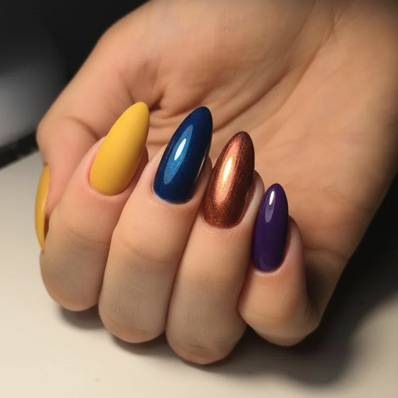 Gemini nails duality design principle showing five shade skittle set with warm and cool alternating tones on medium length almond nails