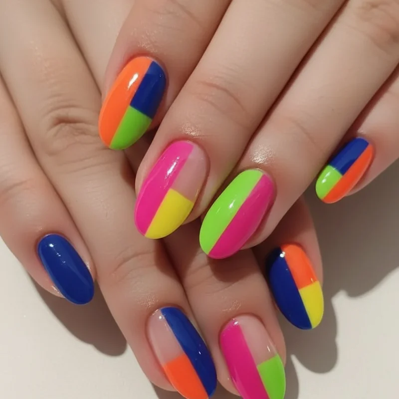 Split French tip dual tone gemini nail art showing colour blocked alternating set with clear contrast between warm and cool tones medium length nails