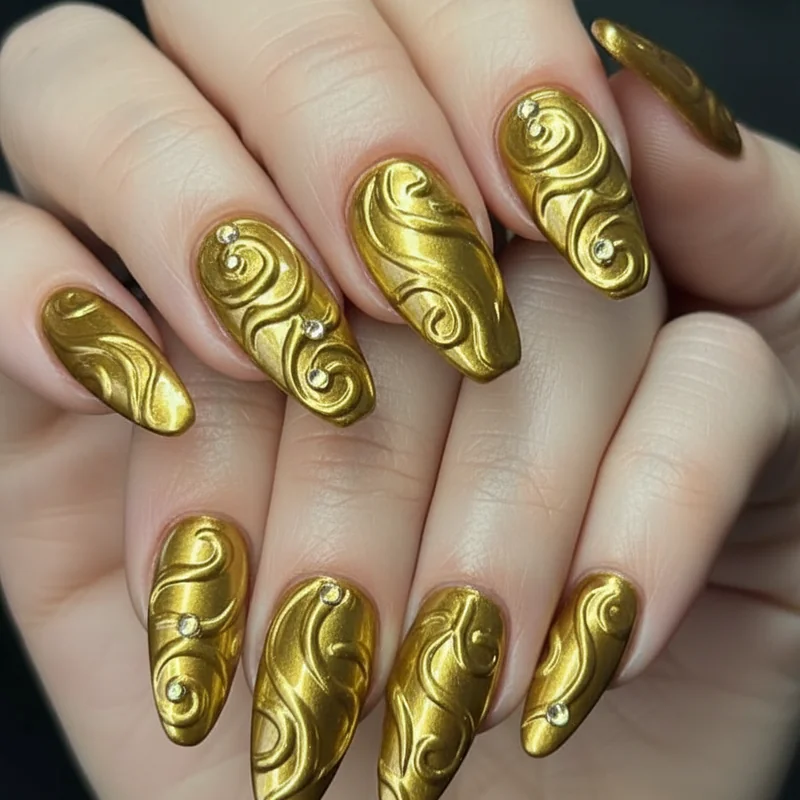 Bold Leo nail design featuring 3D swirl gel art and full gold chrome on coffin shaped nails for dramatic birthday manicure set