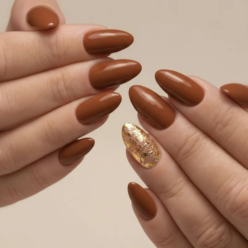 Everyday Leo nails showing brown and gold foil combination with single accent nail design for wearable Leo glam on short to medium nails