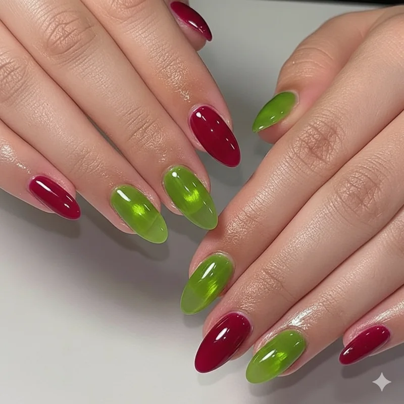 July Leo ruby red nails versus August Leo peridot green nails birthstone comparison showing both birthday manicure options side by side