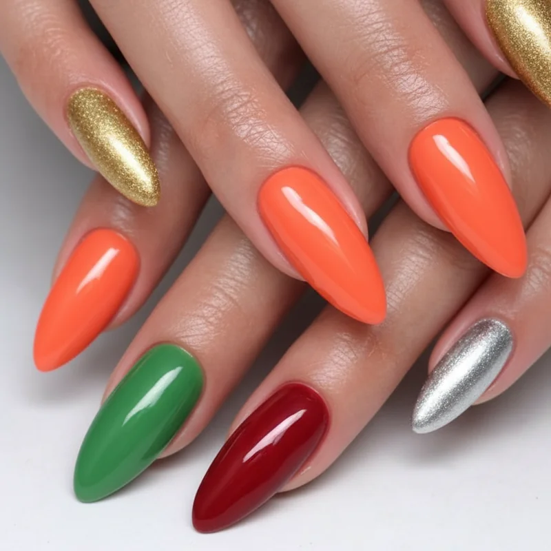 Leo nail colour palette showing gold chrome orange aura ruby red peridot green and chrome pink swatch options for Leo season manicure
