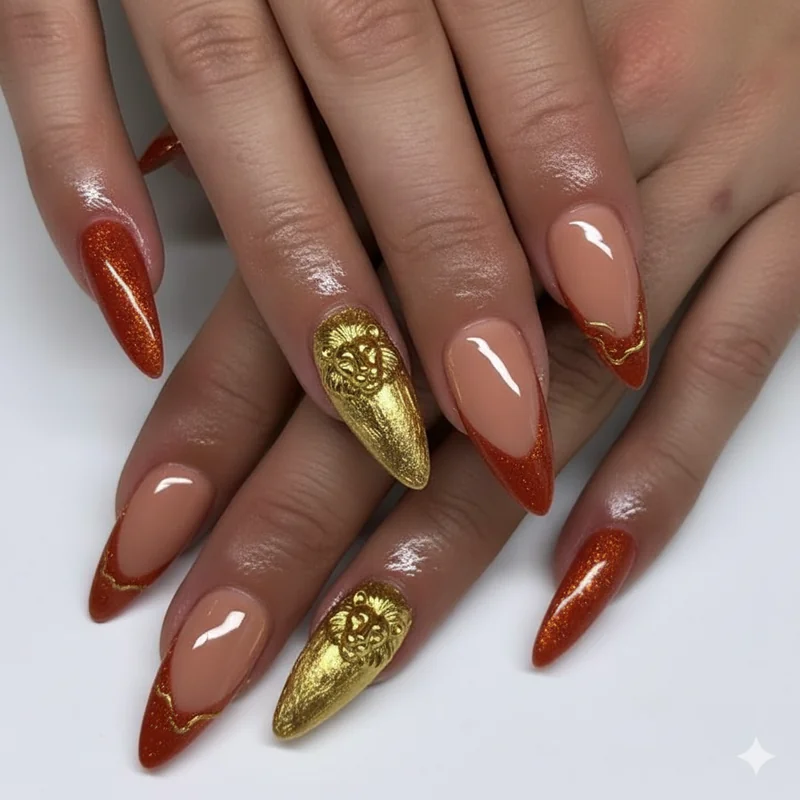 Leo nail design showing single gold chrome accent nail against nude base demonstrating focal point technique for intentional Leo aesthetic