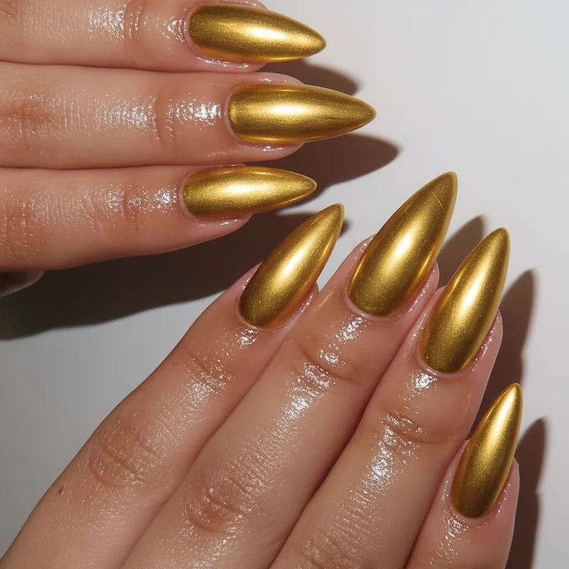 Leo nails featuring gold chrome finish and bold birthday set design with dramatic glam aesthetic for Leo season manicure