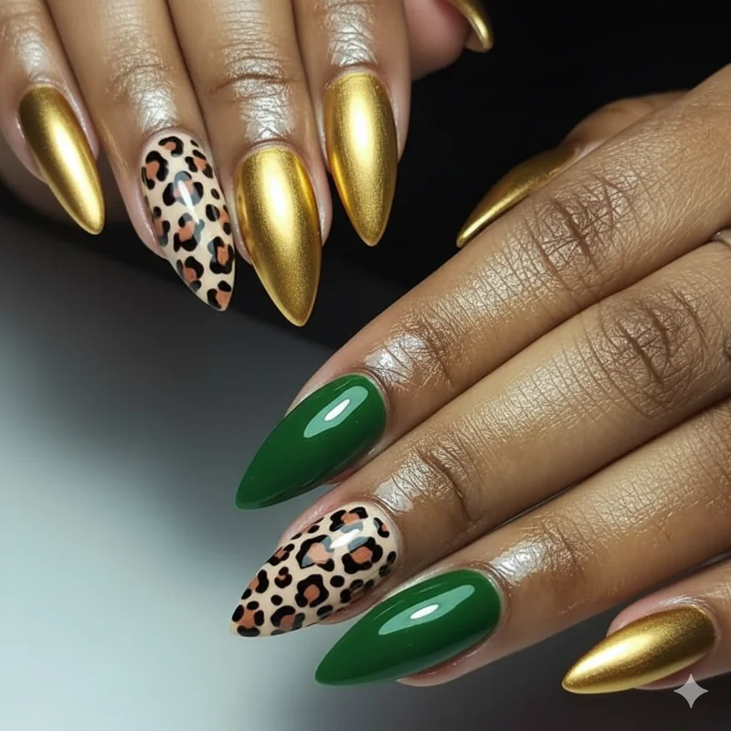 Leo nails save-worthy roundup showing gold chrome peridot green leopard French tip and birthday set designs for every Leo aesthetic preference
