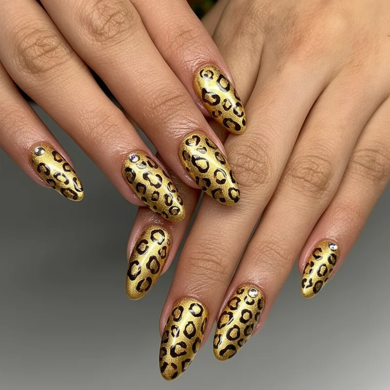 Leo nails on short oval nails featuring gold chrome finish with single rhinestone accent showing Leo design works on any nail length
