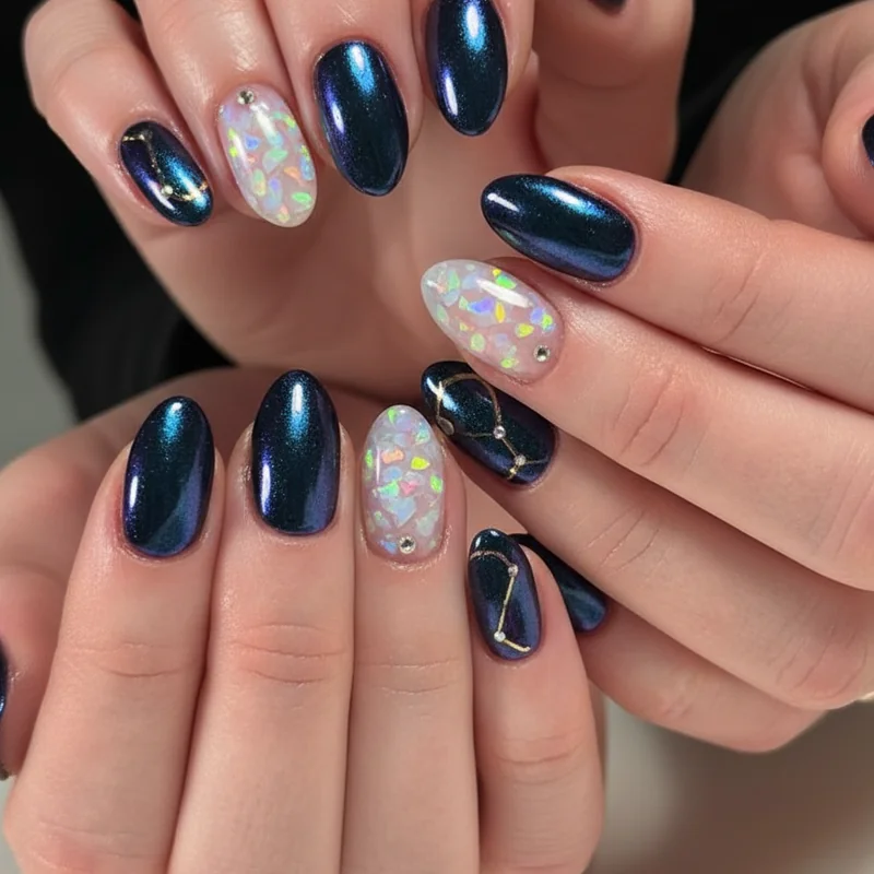Libra birthday nails featuring September opal iridescent and October sapphire blue with gold detail for birthday celebration manicure