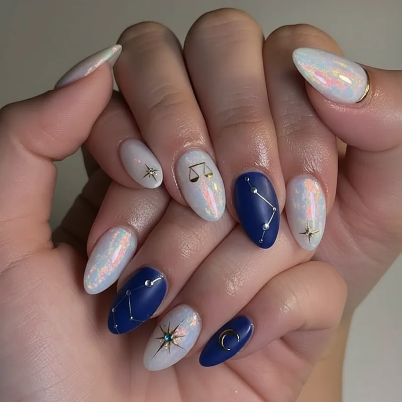 Libra Halloween nails featuring dark iridescent navy chrome and opal designs for October birthday dual purpose manicure