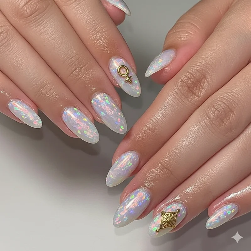 Libra nail art featuring opalescent base with gold Venus symbol on almond shaped nails showing symmetrical design principles
