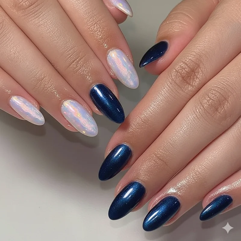 Libra nail mood guide comparing soft opal almond moody sapphire cat eye and art Skittle set designs for every kind of Libra