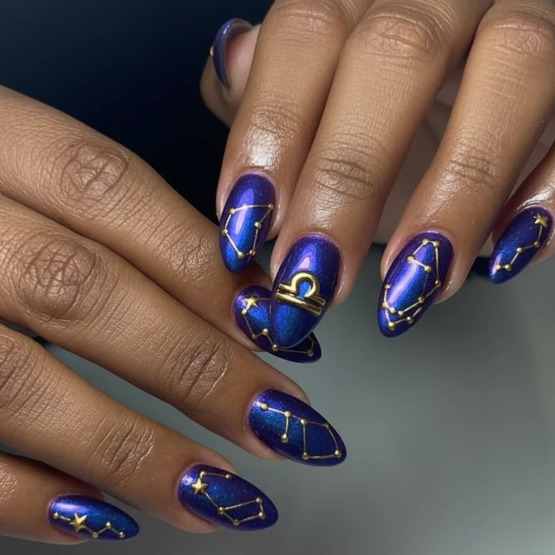 Libra nails on dark skin tones showing sapphire blue and gold chrome with deep plum iridescent finish for Libra season