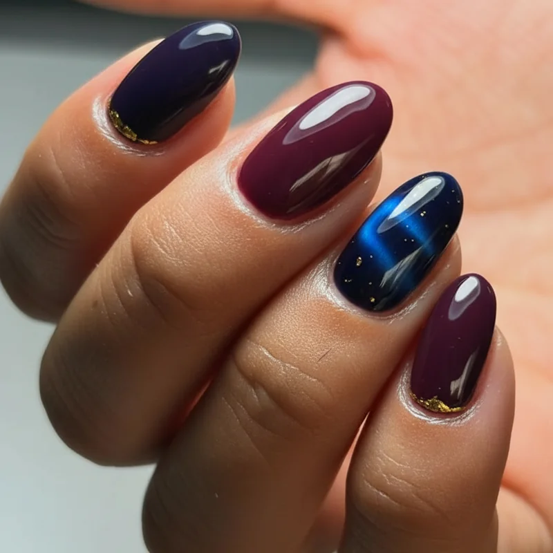 Moody Libra nails featuring sapphire navy cat eye polish and deep plum with gold accents for dramatic autumn birthday designs