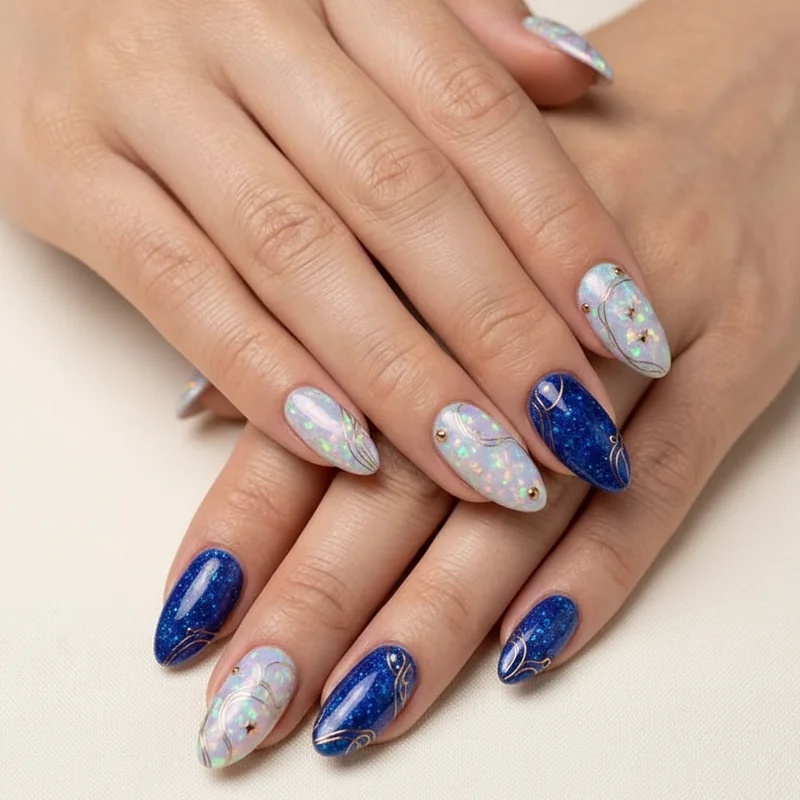 Short Libra nails on almond and oval shapes with iridescent finish cat eye and micro French tip libra nail designs