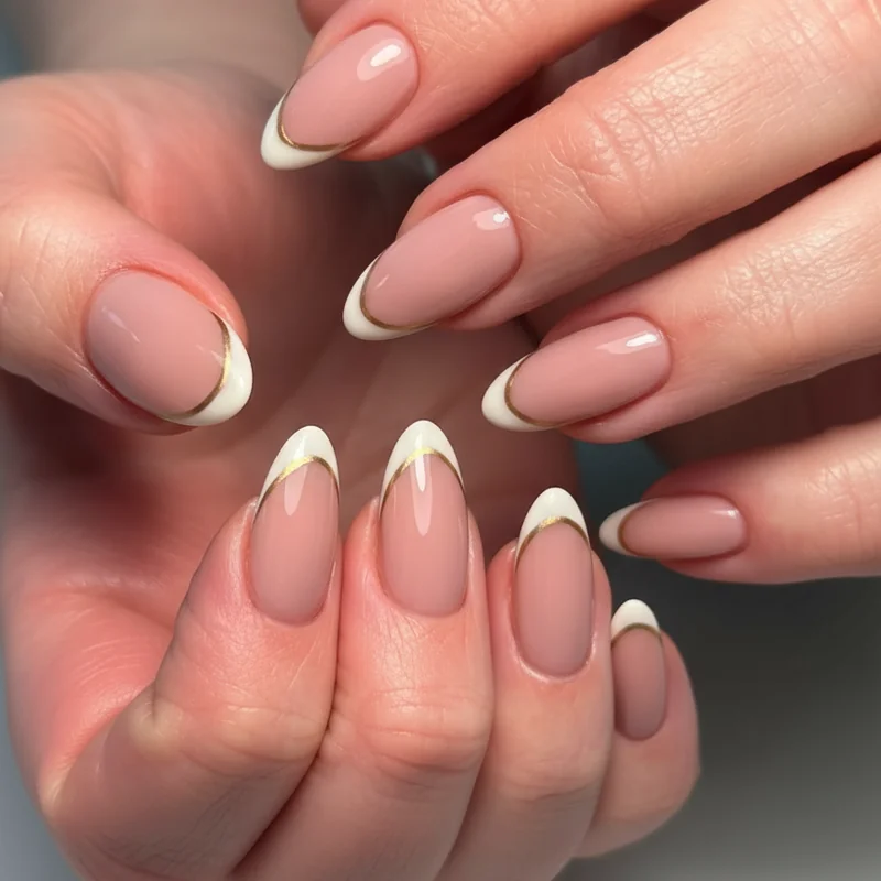 Soft Libra nail designs in opal blush and chrome French tip on almond shape showing Venus pink palette for Libra season
