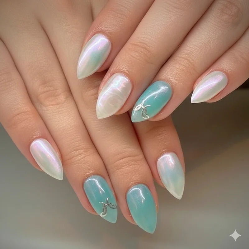 Everyday Pisces nails with pearl chrome oyster sheer jelly aquamarine and muted aurora for wearable work-appropriate mani