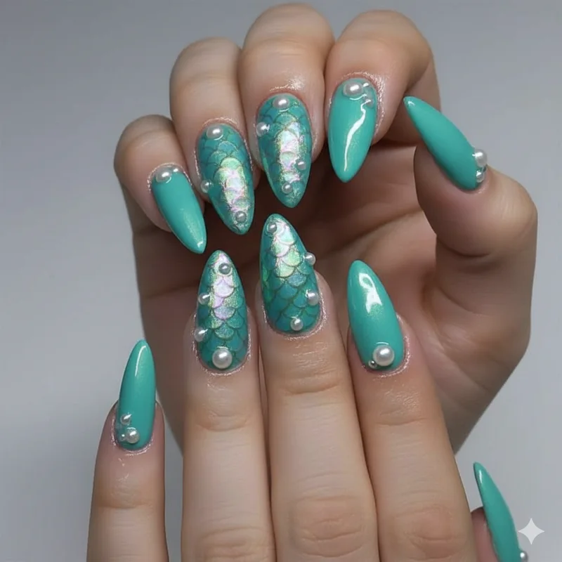 Full mermaidcore iridescent scale chrome almond nails with 3D pearl accent on deep teal gel base dramatic Pisces birthday